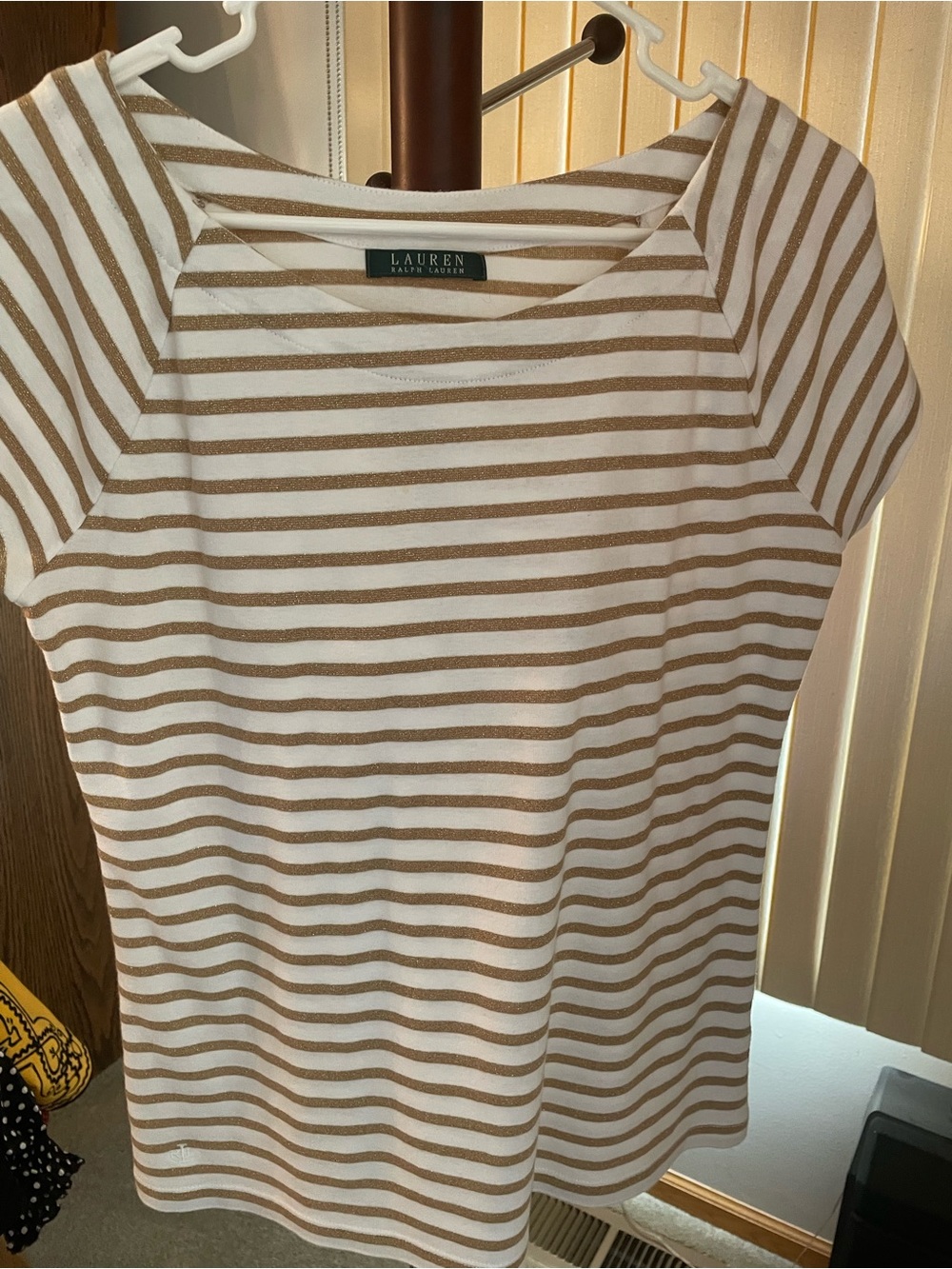 Ralph Lauren White and Gold Sparkeling Striped Short Sleeve Top